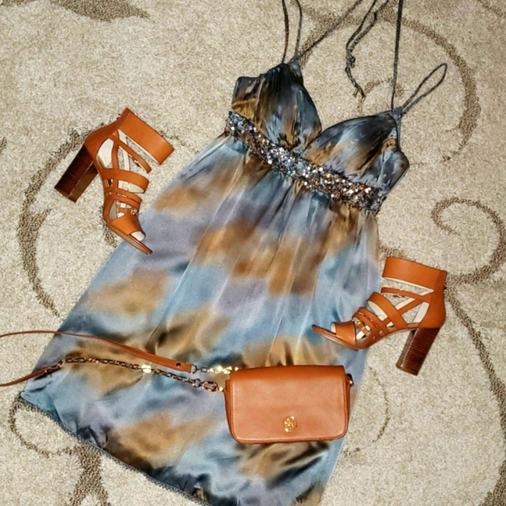 🐦 Y2K Silk Ombre Dress w/ Braided Straps & Beadwork